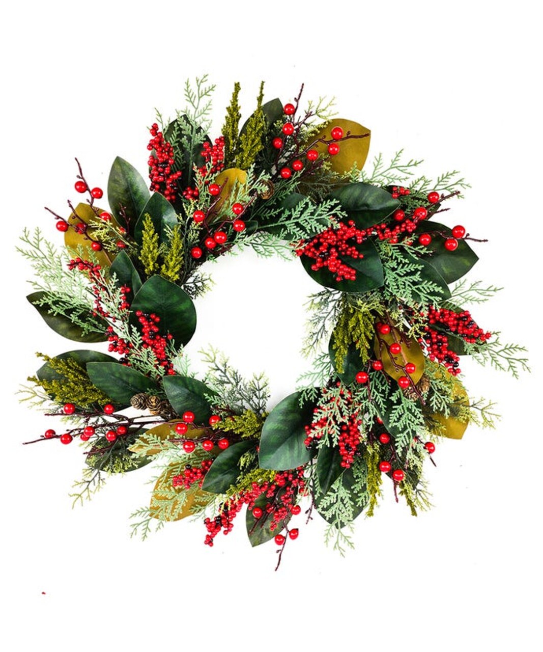 24" Un-Lit Mixed Leaves & Berries Green Wreath – Classic Christmas Decoration